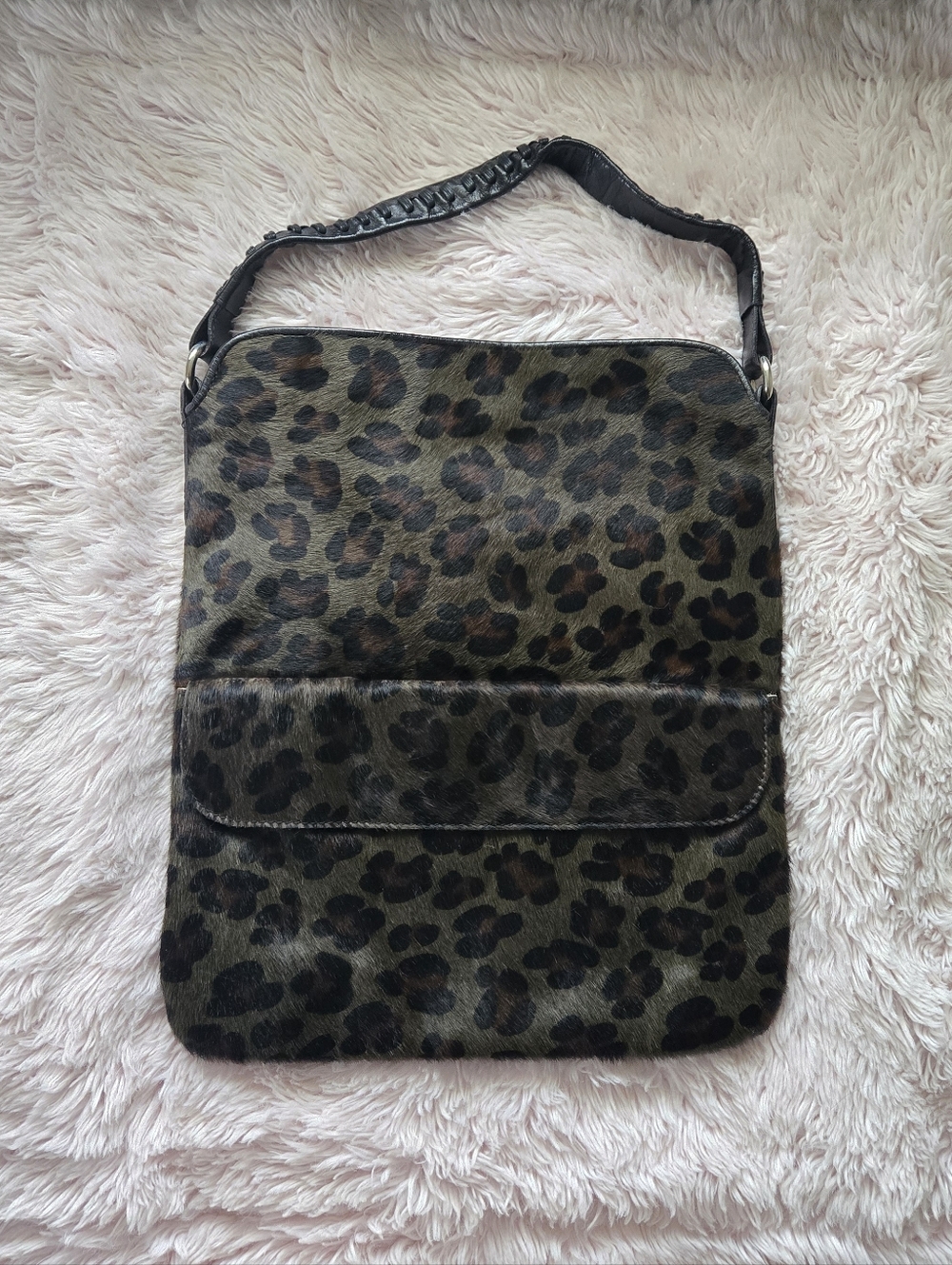 Maurizio Taiuti Leather Leopard Print Shoulder Bag in Olive and Black